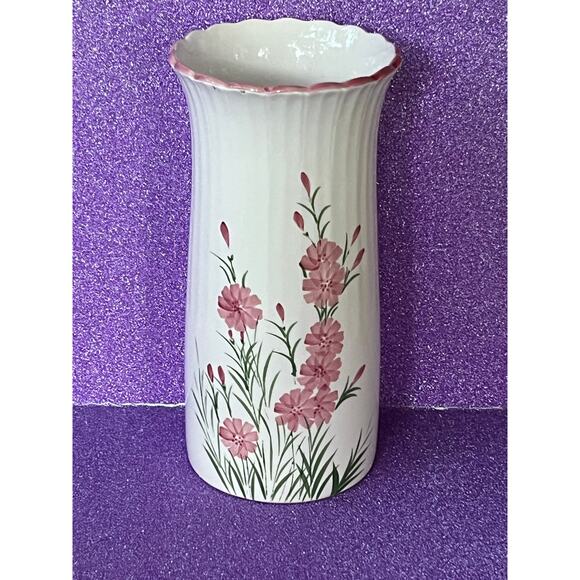 RELPO Floral Vase Pink Flowers Vintage Hand Painted Scalloped Rim - Picture 1 of 5